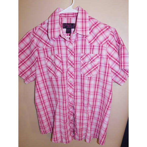 Legend Tops - Cowgirl Legend Western Shirt Womens Medium XL Pink Plaid Short Sleeve Pearl Snap